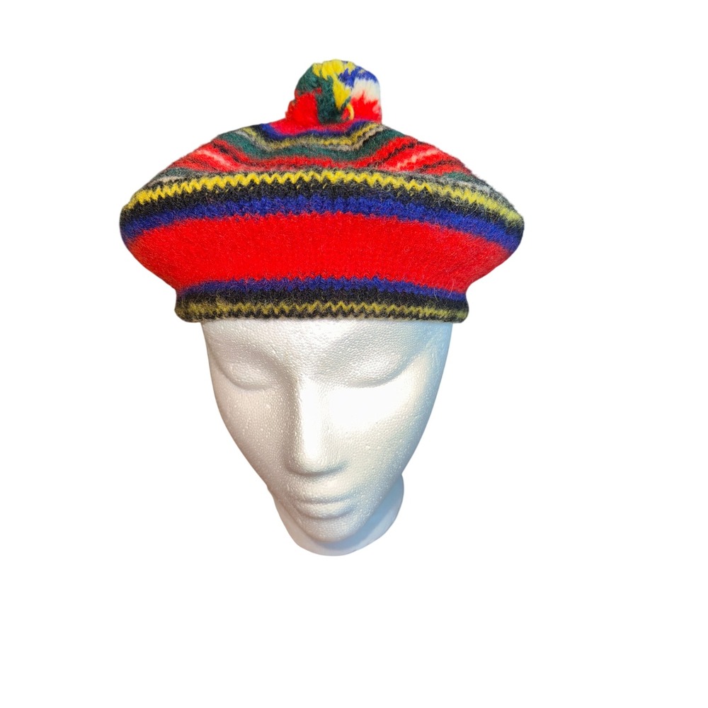 Vintage Archie Brownjohn Scottish Wool Beret Pom Pom Striped Red Green Blue